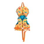 Front view of the Infant Premium Nylon life vest in orange with a dinosaur pattern, orange straps, and a safety buckle.