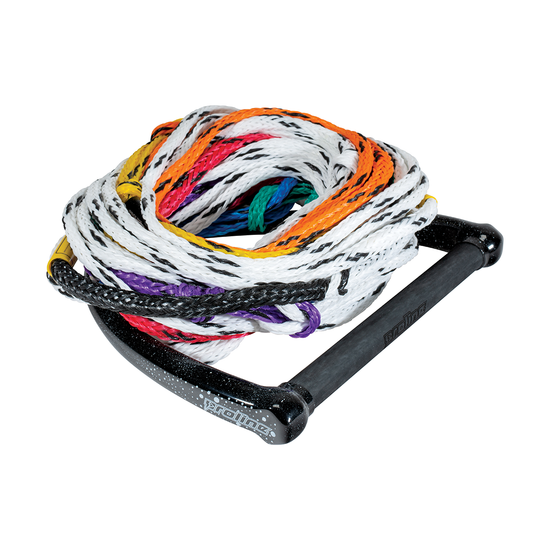Course Package water ski handle with a black grip and a multi-color rope, coiled neatly.