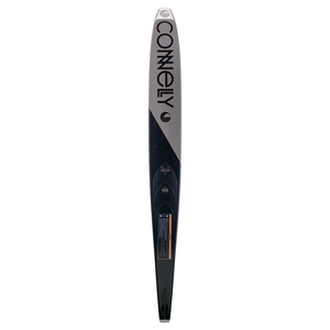 The base of the Connelly 2023 DV8 ski, displaying a carbon-fiber-inspired finish and performance-enhancing contours.