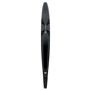 The top side of the Connelly 2023 DV8 ski, featuring a sleek black and gray design with the Connelly logo and model details.