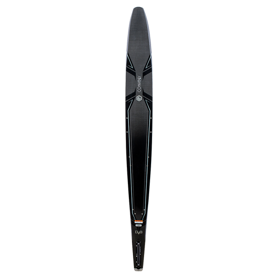 The top side of the Connelly 2023 DV8 ski, featuring a sleek black and gray design with the Connelly logo and model details.
