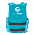 Back of teal Teen Fusion Nylon life vest with a white logo and black straps across the lower back for secure wear.