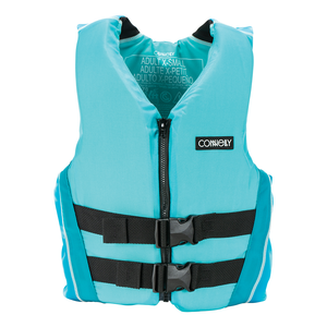 Front of teal Teen Fusion Nylon life vest with black adjustable straps, a front zipper, and reinforced side panels.