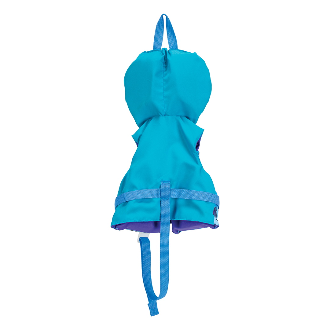Back view of the Infant Premium Nylon life vest in solid blue with matching straps and a safety buckle.