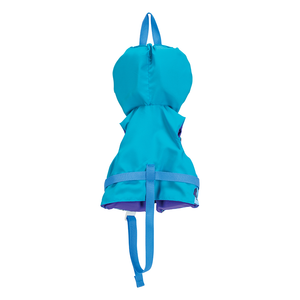 Back view of the Infant Premium Nylon life vest in solid blue with matching straps and a safety buckle.