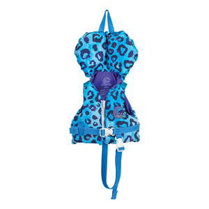 Front view of the Infant Premium Nylon life vest in blue leopard print with blue straps and a safety buckle.