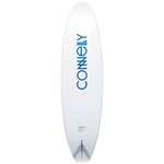 Base view of the Highline SUP featuring a clean white design with bold blue lettering and a single fin setup.