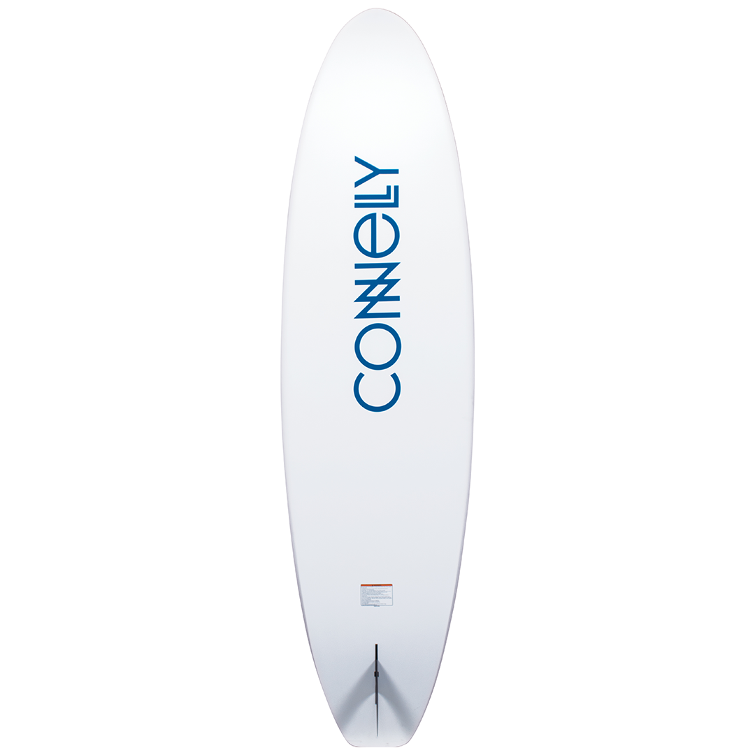 Base view of the Highline SUP featuring a clean white design with bold blue lettering and a single fin setup.