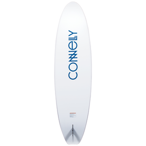 Base view of the Highline SUP featuring a clean white design with bold blue lettering and a single fin setup.