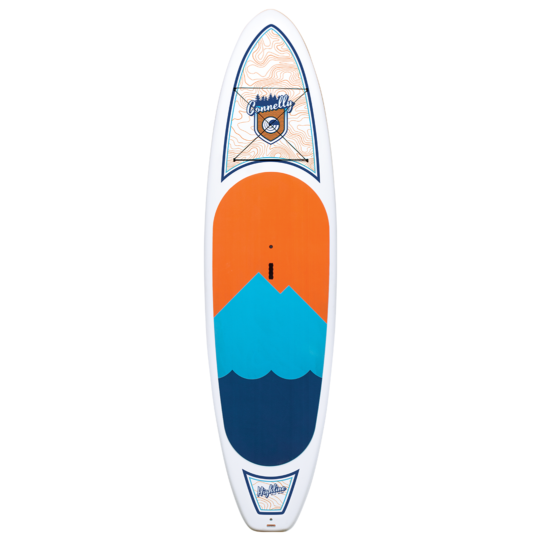 Top view of the Highline SUP with a white body, orange and blue mountain graphic, and a textured traction pad.