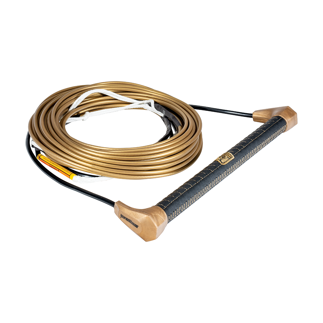 Coiled LGS Suede Package rope in gold with a matte gold handle and black grip, featuring a durable coated mainline.