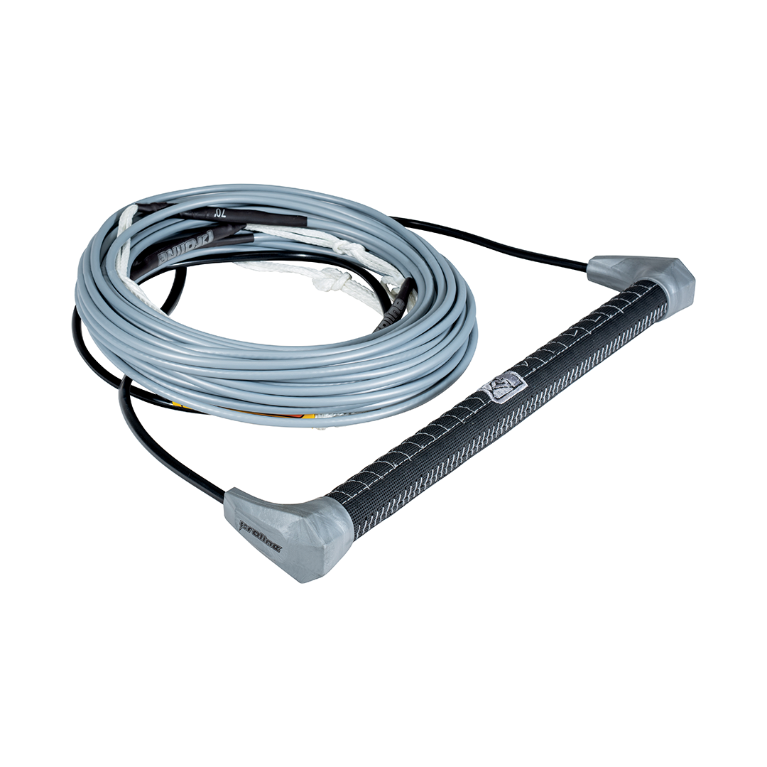 Coiled LGS Suede Package rope in silver with a matte silver handle and black grip, designed for watersports towing.