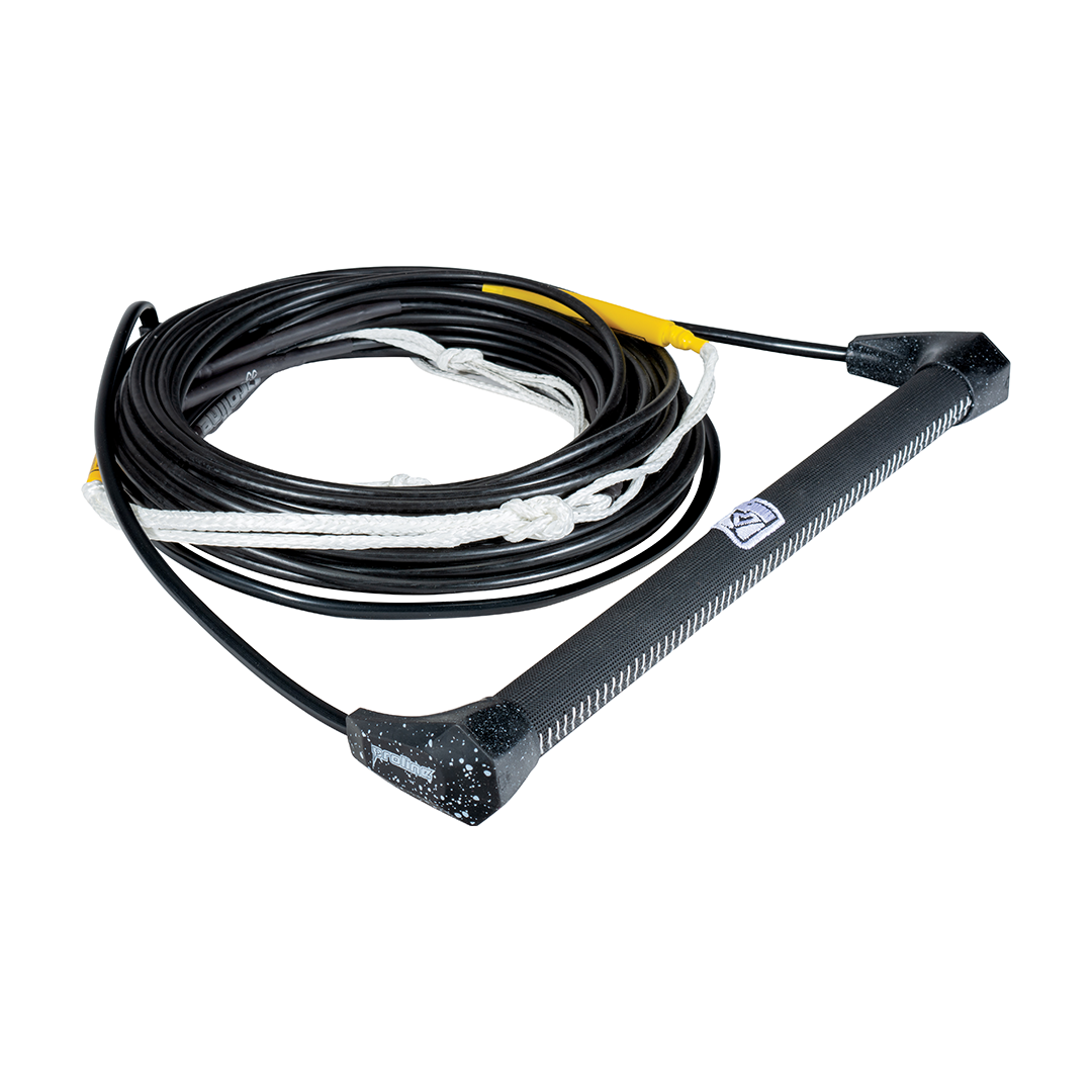 Coiled LG Suede Package rope in black with a speckled black handle and black grip, built for a secure and comfortable hold.
