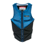 Blue and black Reverb NCGA vest with a zippered front, segmented padding, and a subtle wave pattern on the upper section.