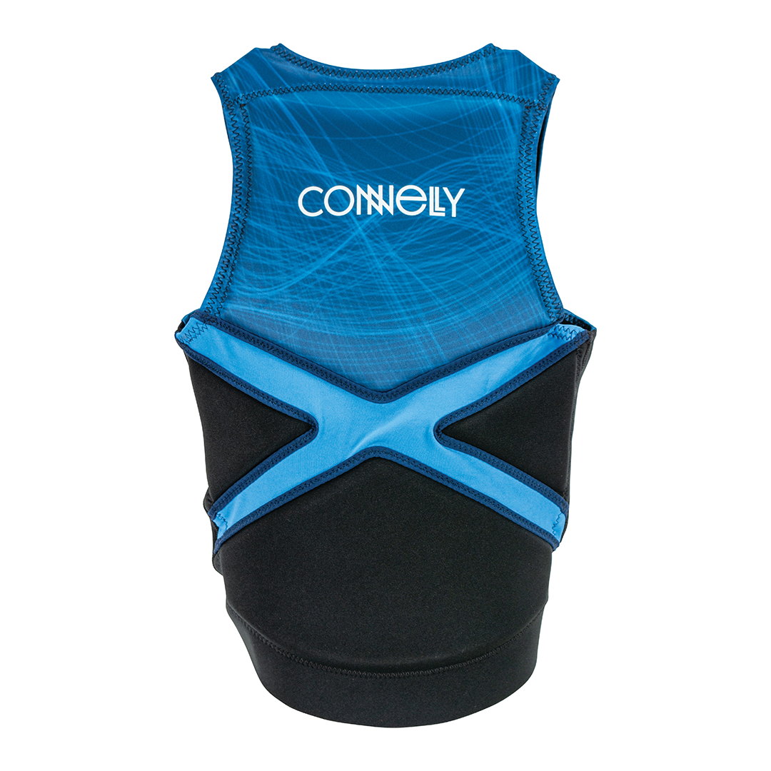 Back of blue and black Reverb NCGA vest with an "X" design across the lower back and a white logo on the upper back panel.