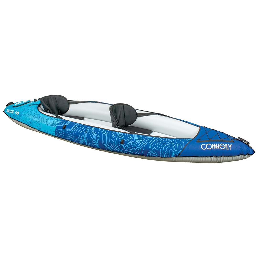 Angled right side view of the Nautic 11.5 inflatable kayak in blue with contour lines, featuring two black seats.