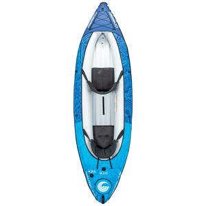 Top-down view of the Nautic 11.5 inflatable kayak in blue, featuring two black seats and bungee storage.