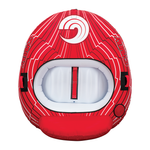 Overhead shot of the Racer 2 towable tube, highlighting the white interior, red padded backrest, and zigzag graphics.