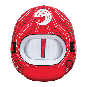 Overhead shot of the Racer 2 towable tube, highlighting the white interior, red padded backrest, and zigzag graphics.