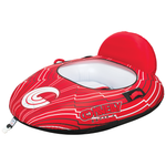 Angled view of the red and black Racer 2 towable tube with a bold graphic design, white seating area, and padded backrest.