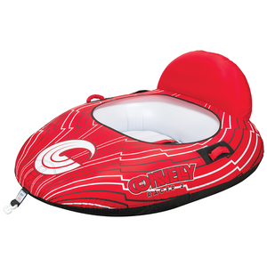 Angled view of the red and black Racer 2 towable tube with a bold graphic design, white seating area, and padded backrest.