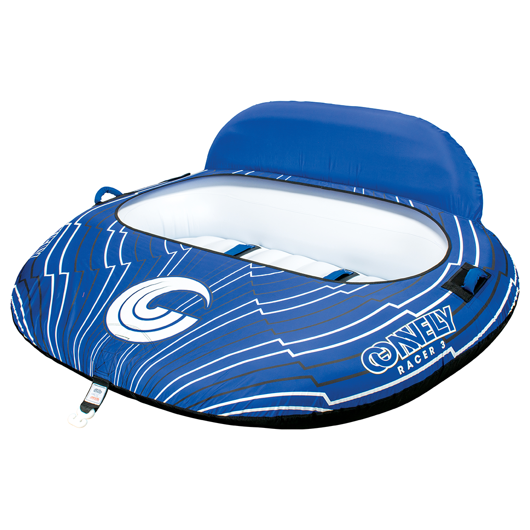 Blue and black Racer 3 towable tube with bold graphics, white seating area, padded backrest, and reinforced handles.