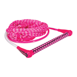 Bright pink and white braided tow rope with a pink handle featuring a black honeycomb grip and clear tubing.