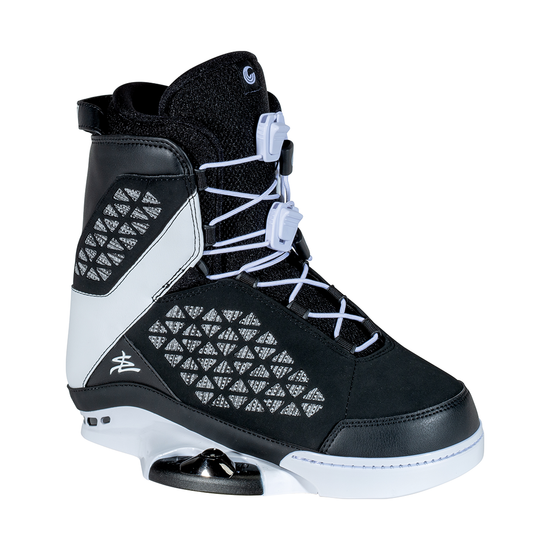 Angled view of the 2024 SL boot, displaying black and white materials with geometric cutouts and a high-support ankle design.
