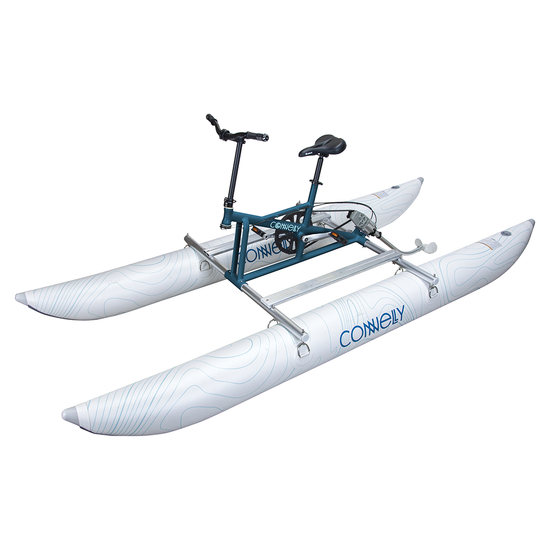 Sprinter water bike with a teal frame, black seat, and white inflatable pontoons featuring contour line graphics.