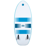 Base view of the Stratus wakesurf board, showing a white surface with blue striped graphics and two black fins.