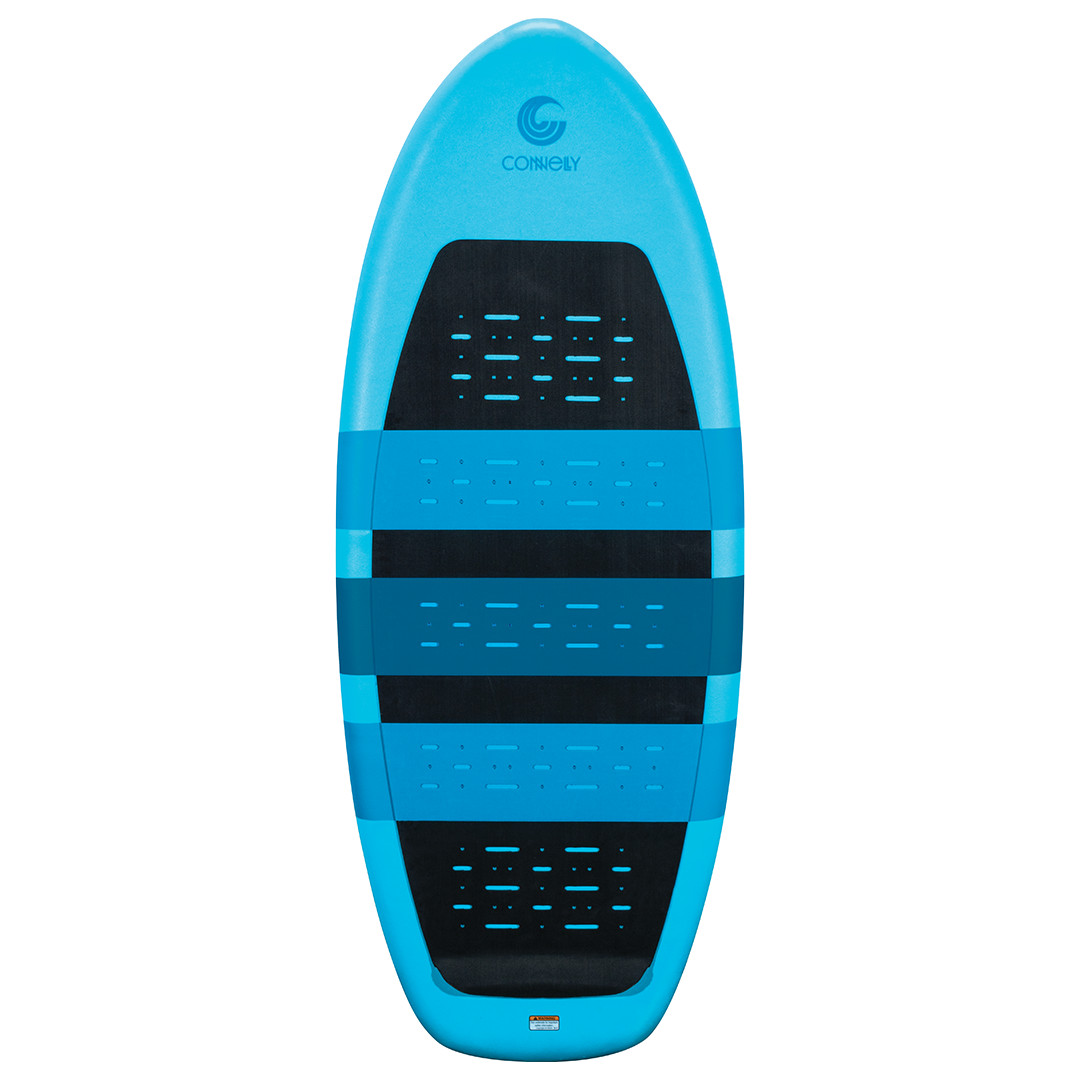Top view of the Stratus wakesurf board, featuring a blue EVA foam traction pad with black grip sections.