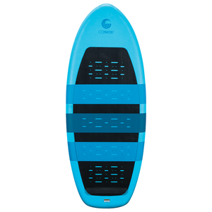 Top view of the Stratus wakesurf board, featuring a blue EVA foam traction pad with black grip sections.