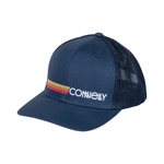 Angled view of the Sunset Lines Hat in navy with a mesh back, curved brim, and embroidered gradient logo on the front.