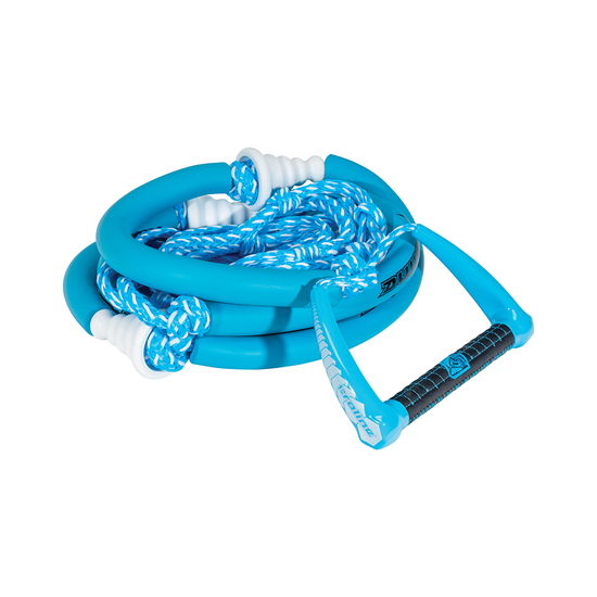Coiled blue Tug Suede Deluxe rope with a floating handle, black grip, and white rope accents.