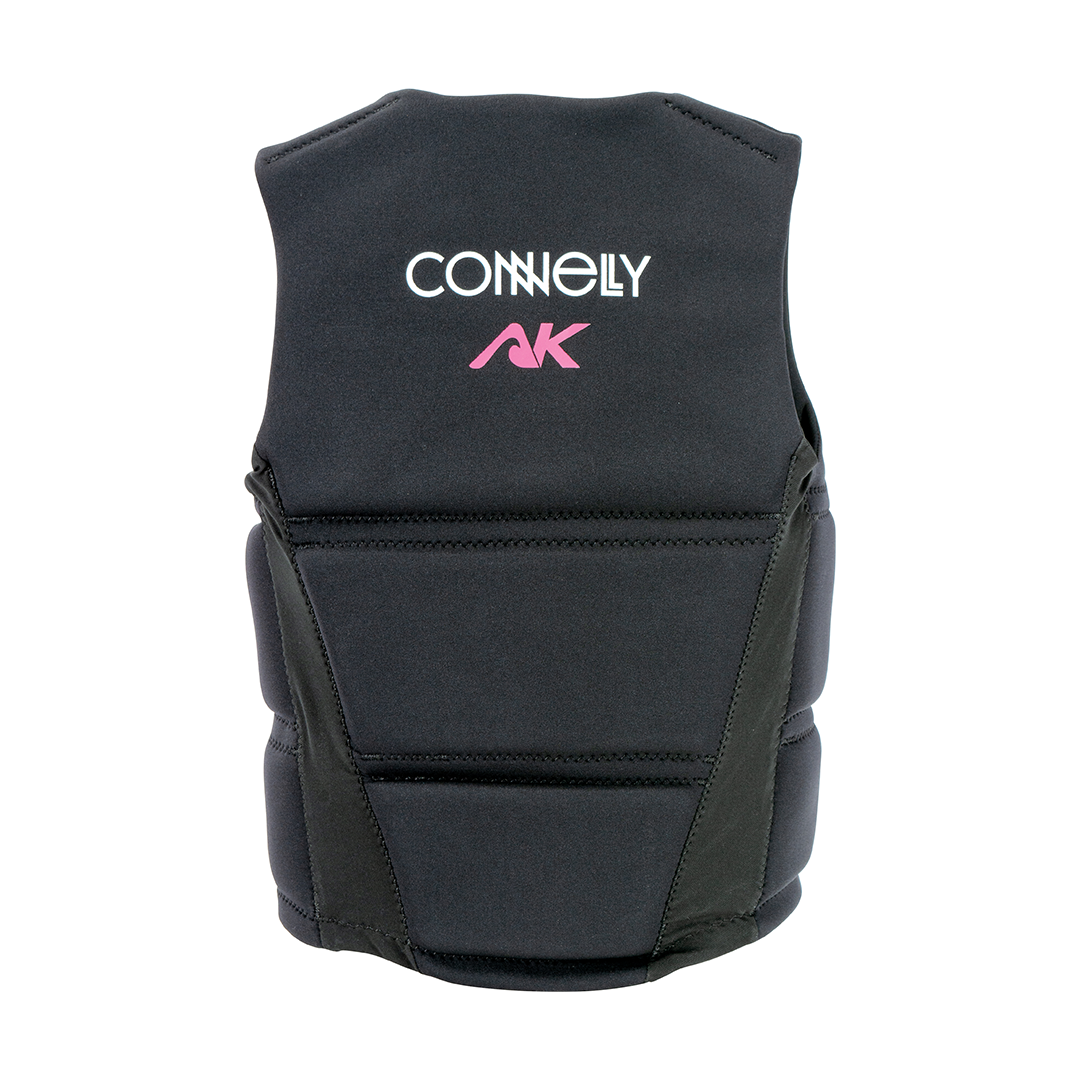 Back view of the Women's AK NCGA Vest, showing a black design with pink branding on the upper back.