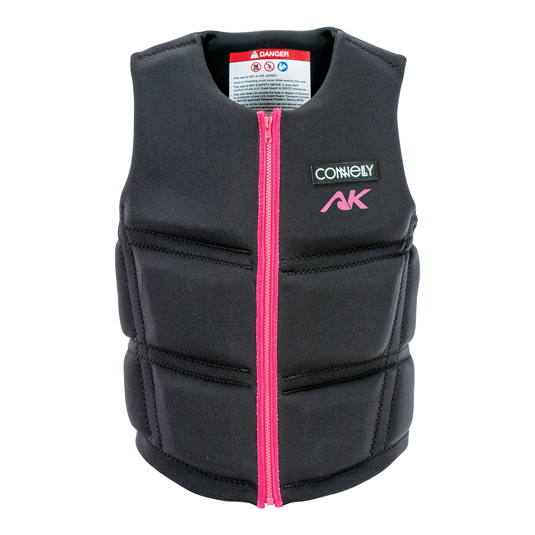 Front view of the Women's AK NCGA Vest, featuring a black design with pink accents and a pink front zipper.