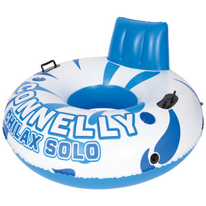 Chilax Solo inflatable tube in blue and white with a built-in backrest, grab handles, and integrated cup holders.