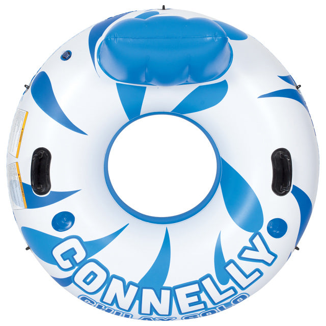 Top view of the Chilax Solo, showcasing a circular inflatable design, mesh bottom, headrest, and bold Connelly branding.