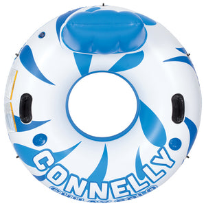 Top view of the Chilax Solo, showcasing a circular inflatable design, mesh bottom, headrest, and bold Connelly branding.