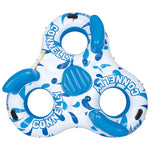 Top view of the Chilax Trio, showing a three-person inflatable design with open seating, a center storage, and bold branding.