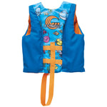 Back view of the Child Premium Nylon life vest in blue and orange with an ocean-themed cartoon design and logo.