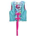 Back view of the Child Premium Nylon life vest in teal and pink with an ocean-themed cartoon design and logo.