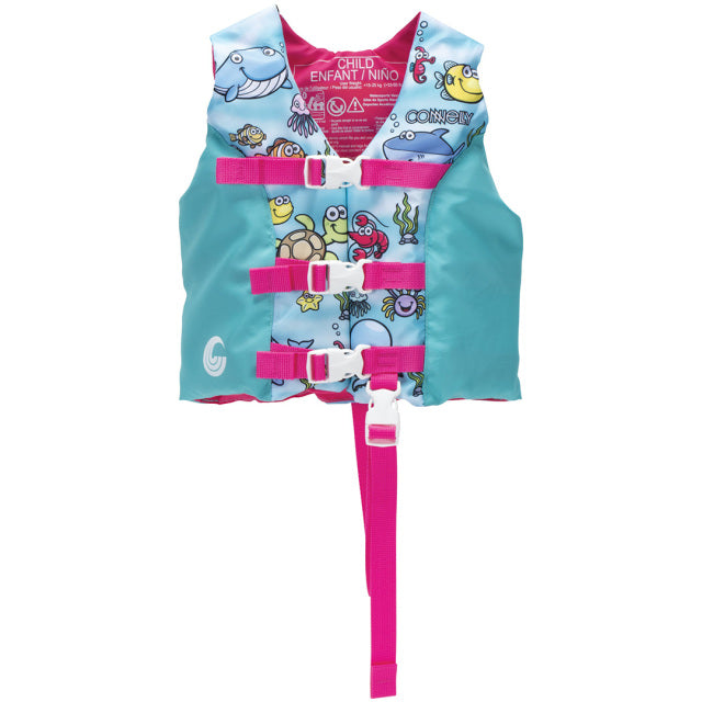 Front view of the Child Premium Nylon life vest in teal and pink with an ocean-themed cartoon design.