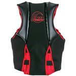 Back of the Men's Concept Neo life vest in black and red, featuring a large logo, segmented padding, and red side panels.