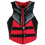 Front view of the Men's Concept Neo life vest in black and red, featuring a zippered front, dual buckles, and logo patch.