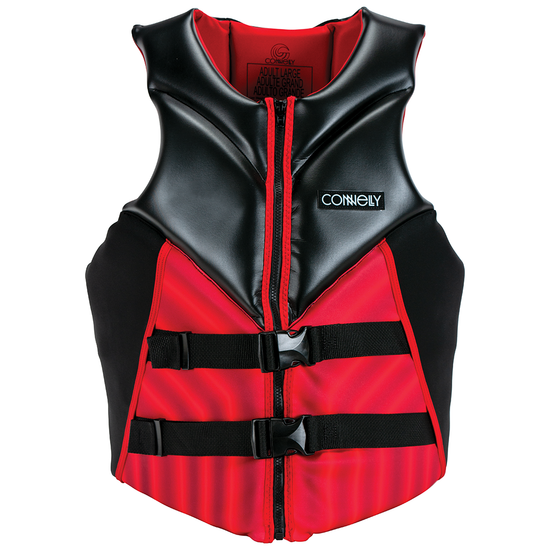 Front view of the Men's Concept Neo life vest in black and red, featuring a zippered front, dual buckles, and logo patch.