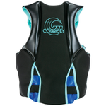 Back view of the Women's Concept Neo life vest in black with blue and teal accents, with logo and segmented panels.