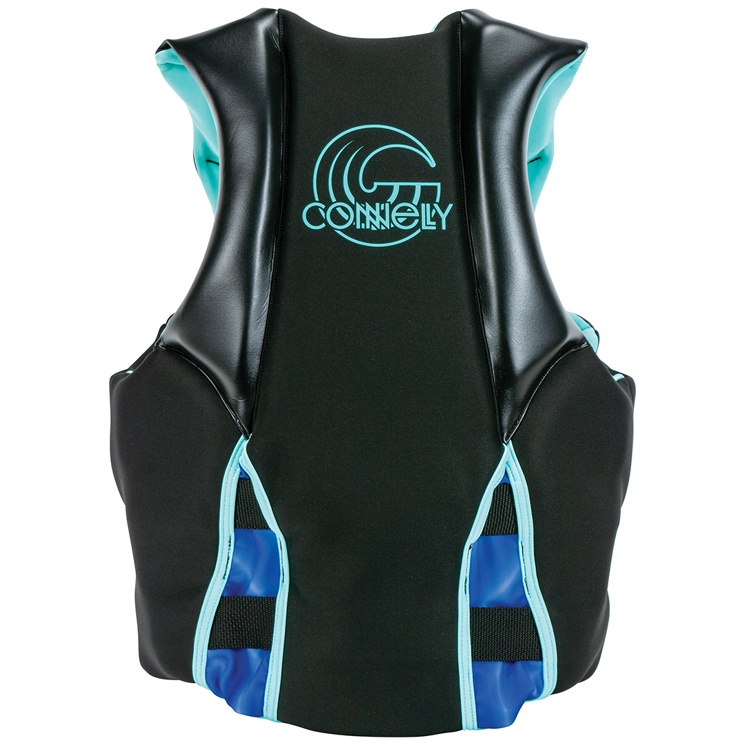 Back view of the Women's Concept Neo life vest in black with blue and teal accents, with logo and segmented panels.