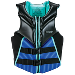 Front view of the Women's Concept Neo life vest in black and blue with teal accents, with a zippered front and dual buckles.