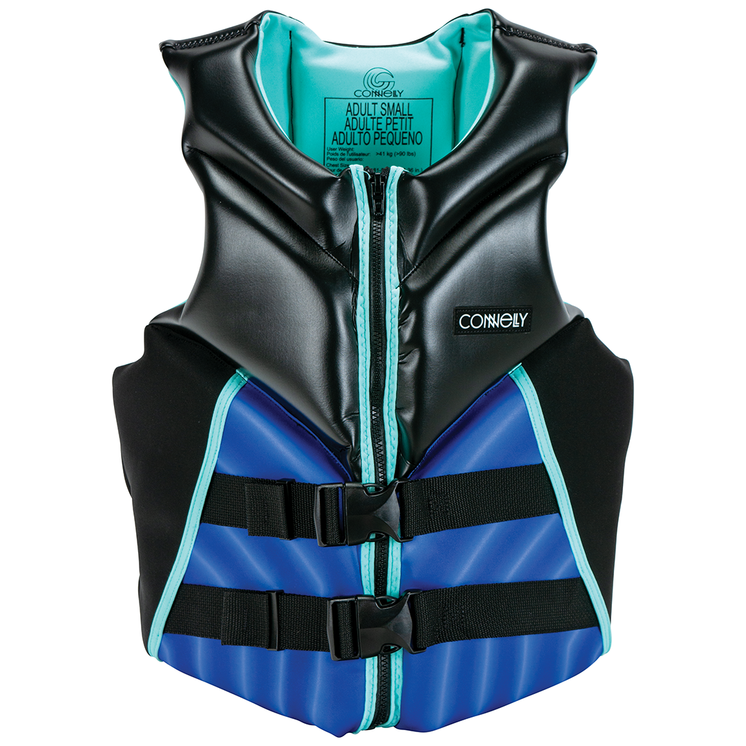 Front view of the Women's Concept Neo life vest in black and blue with teal accents, with a zippered front and dual buckles.